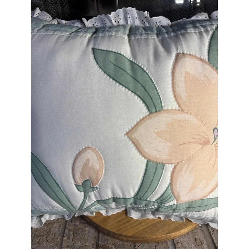 Vintage Oversized Quilted Tiger Lilly Decorative Pillow w/Ruffle CottageCore 80s